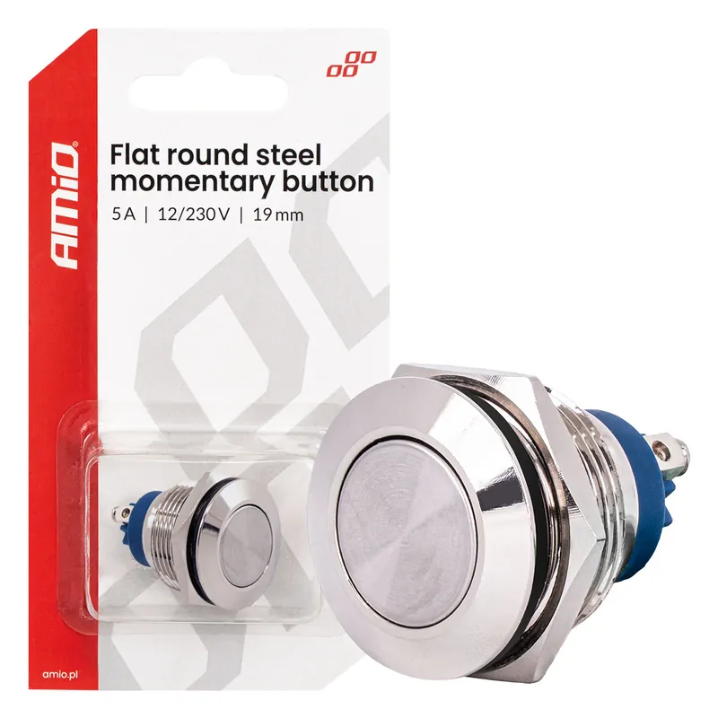 Amio 04436 - Momentové tlačítko ploché kulaté ocelové 19 mm 5 A 12/230 V AMiO- Objednat Nyní
