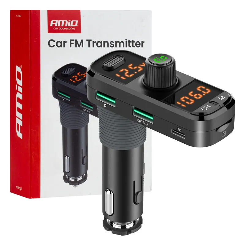 Amio 04653 - FM transmitter 2×USB-A 1×USB-C mircoSD 12V 24V AMiO- Cenový Hit