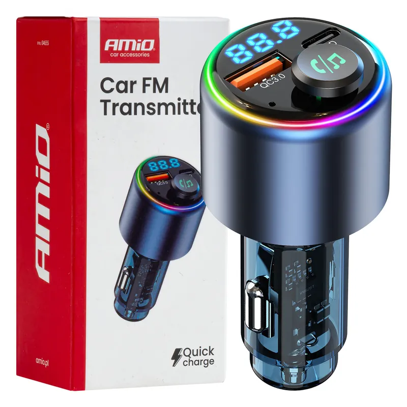 Amio 04655 - FM transmitter 1×USB-A 1×USB-C 12/24V AMiO- Nejlepší Cena